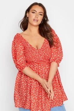 LIMITED COLLECTION Curve Red Daisy Shirred Bardot Peplum Blouse -Saga Dresses Shop c54c7852 1451 4c 214425 D