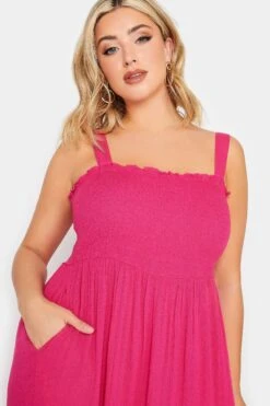 YOURS Curve Hot Pink Shirred Strappy Sundress -Saga Dresses Shop c56400bb cb8c 47 137430 E