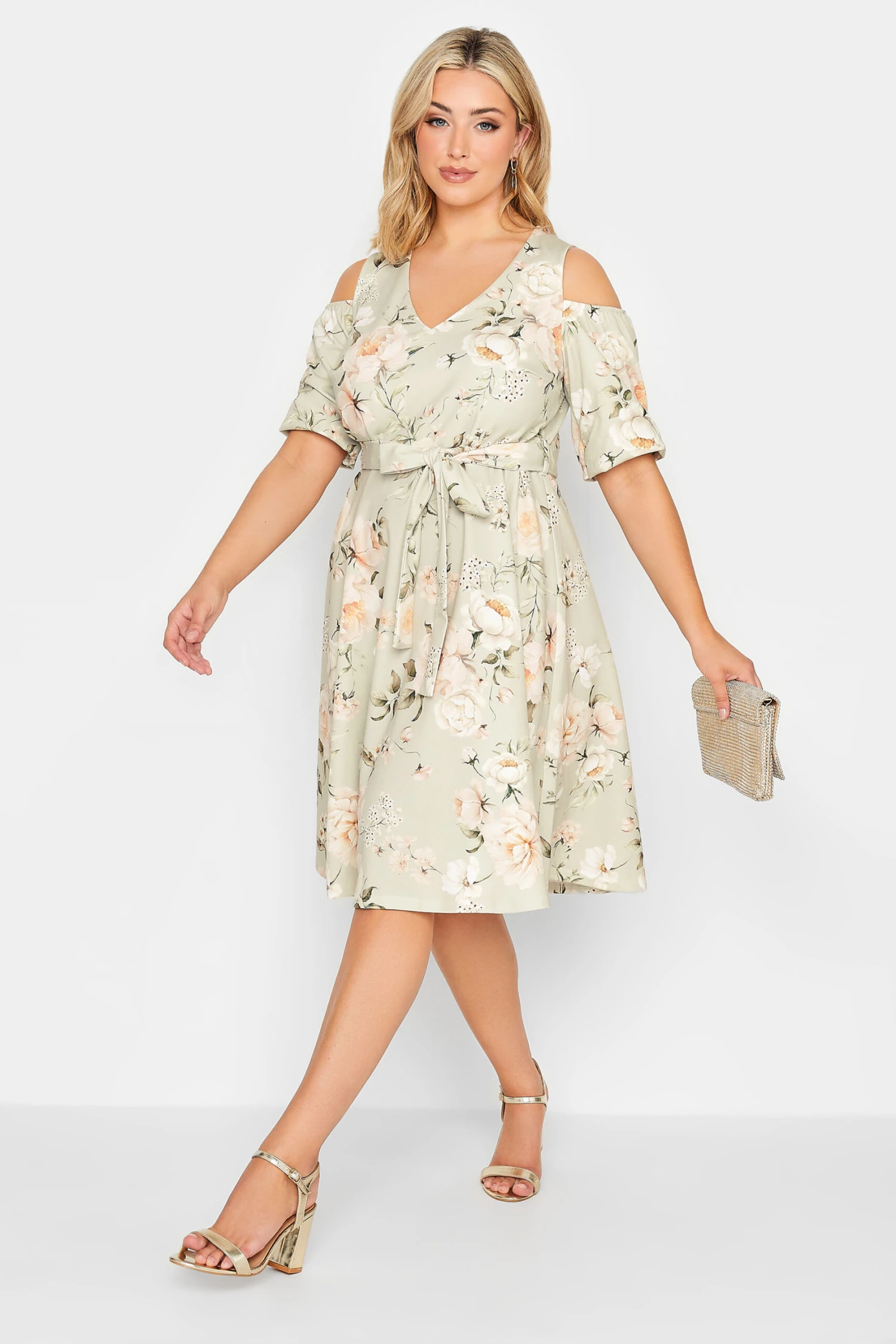 YOURS LONDON Curve Sage Green Floral Cold Shoulder Skater Dress 1 YOURS LONDON Curve Sage Green Floral Cold Shoulder Skater Dress