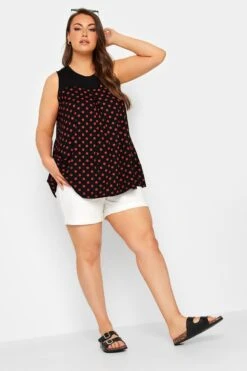 YOURS Curve Black Polka Dot Print Pleat Front Vest Top