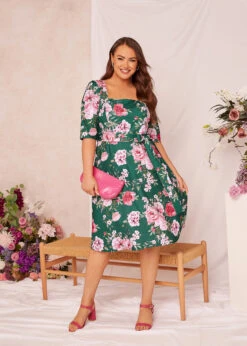YOURS LONDON Curve Green Floral Square Neck Dress -Saga Dresses Shop c80d4035 001c 4b 161733 L