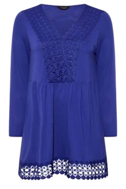 YOURS Curve Blue Crochet Trim Long Sleeve Tunic Top -Saga Dresses Shop c82429b8 66e2 4e 320340 X