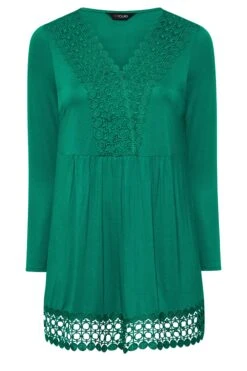 YOURS Curve Green Crochet Trim Long Sleeve Tunic Top -Saga Dresses Shop c915e9ef 2daa 47 320341 X