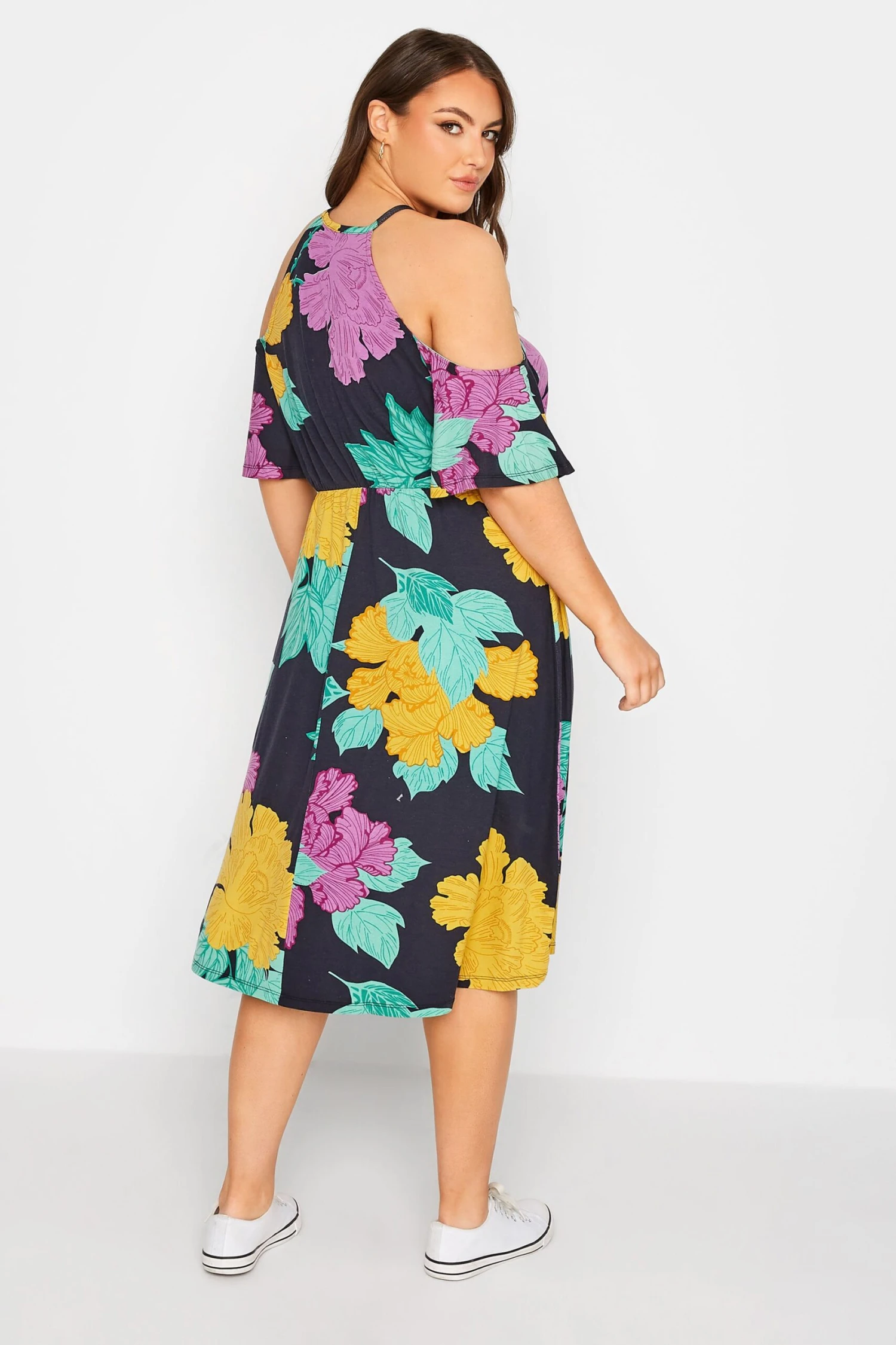 YOURS Curve Black Floral Cold Shoulder Dress 2 YOURS Curve Black Floral Cold Shoulder Dress - Image 2