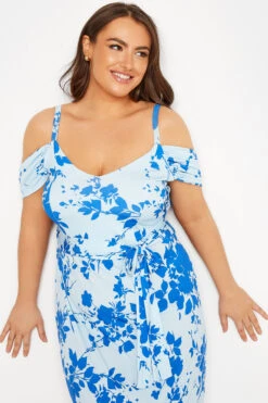 YOURS LONDON Curve Blue Floral Cold Shoulder Maxi Dress -Saga Dresses Shop c96c1d99 ca32 4c 161531 D