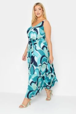 YOURS LONDON Curve Blue Abstract Print Pleated Maxi Dress