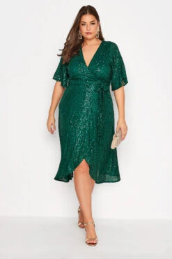 YOURS LONDON Curve Green Sequin Embellished Double Wrap Dress