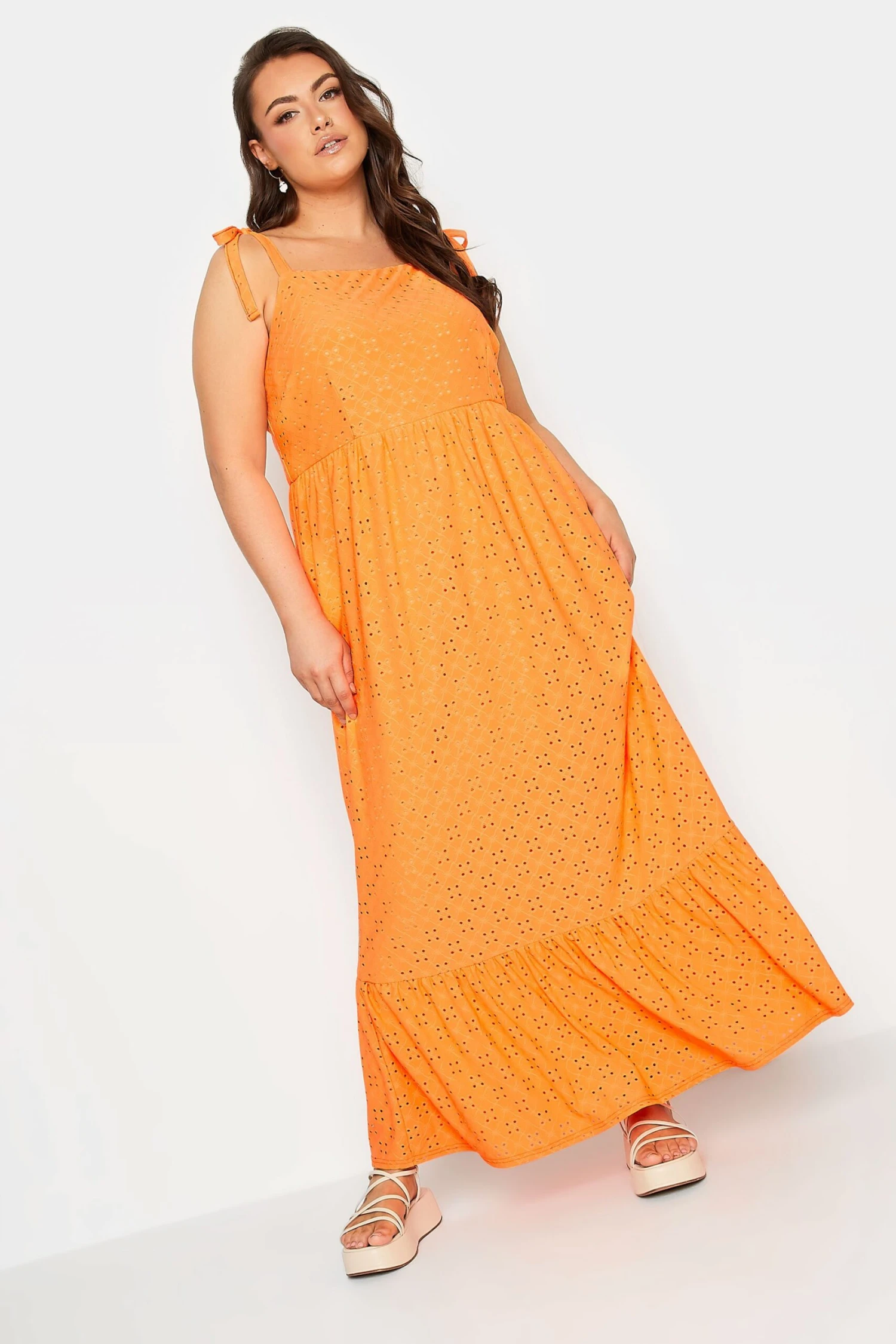 YOURS Curve Bright Orange Broderie Anglaise Maxi Dress 1 YOURS Curve Bright Orange Broderie Anglaise Maxi Dress