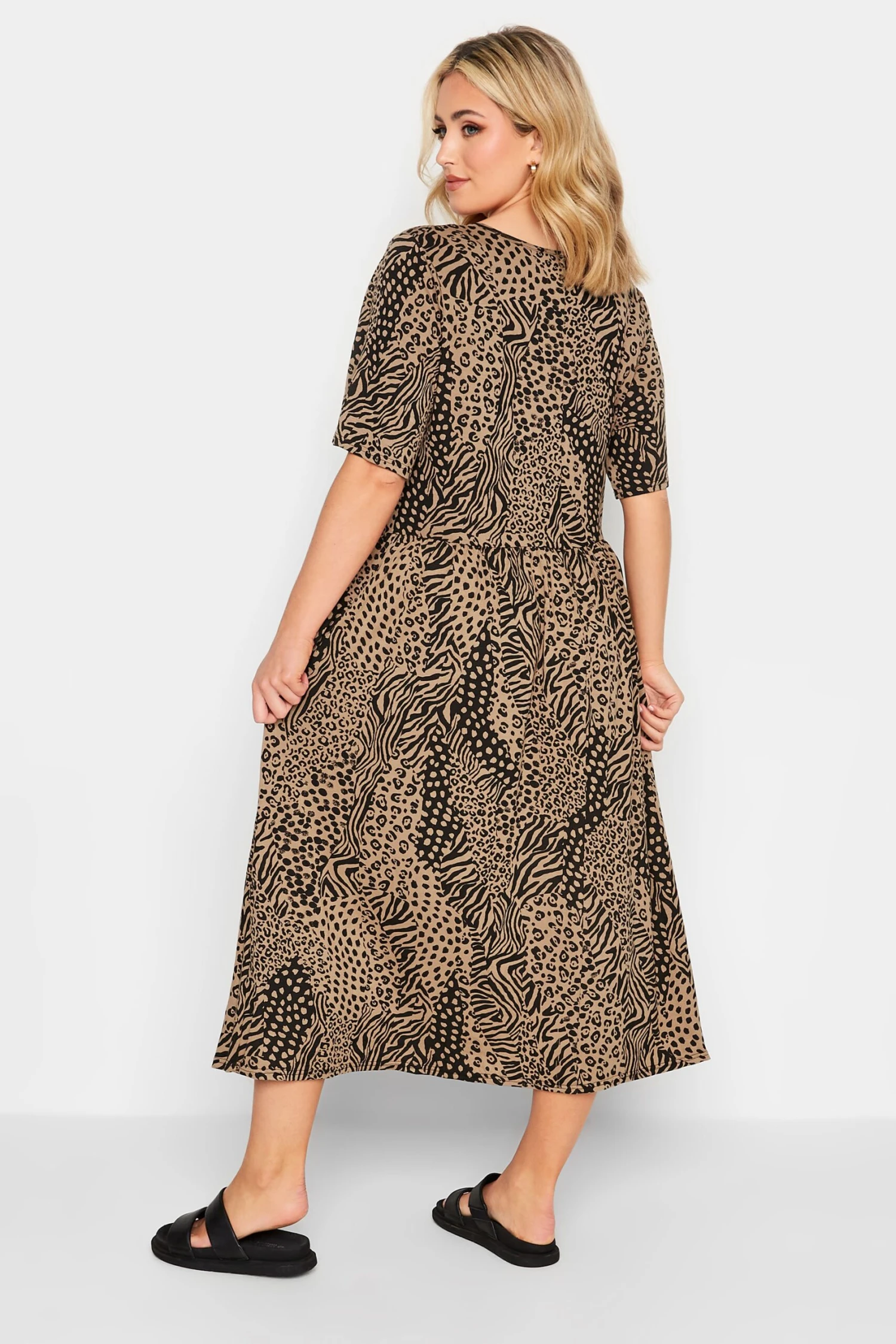 YOURS Curve Brown Mixed Animal Print Midi Smock Dress 2 YOURS Curve Brown Mixed Animal Print Midi Smock Dress - Image 2