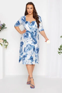 YOURS LONDON Curve White & Blue Notch Neck Floral Dress