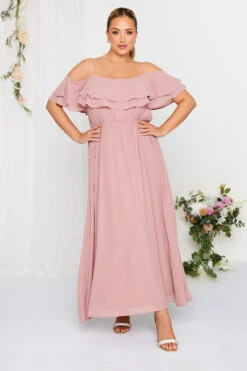 YOURS LONDON Curve Pink Bardot Ruffle Maxi Dress