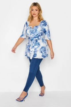 YOURS LONDON Curve White & Blue Floral Print Peplum Top