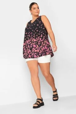 YOURS Curve Black & Pink Floral Border Swing Top