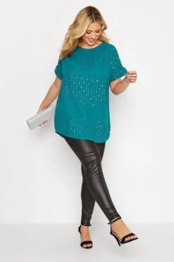 LUXE Curve Teal Blue Sequin Hand Embellished Top