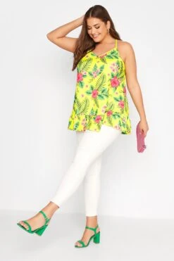 YOURS Curve Bright Yellow Tropical Print Frill Hem Cami Top