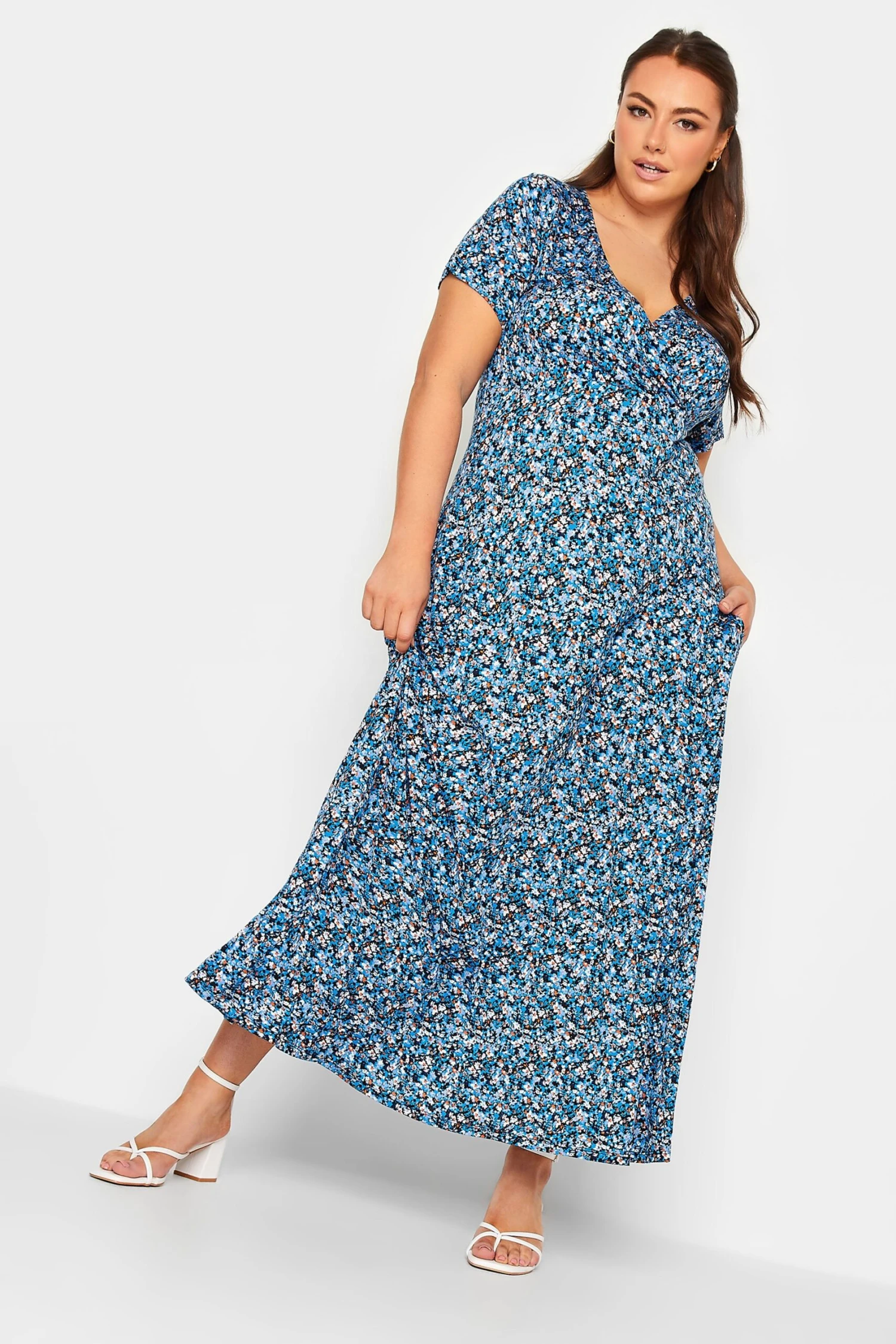 YOURS Curve Blue Ditsy Floral V-Neck Midaxi Dress 1 YOURS Curve Blue Ditsy Floral V-Neck Midaxi Dress