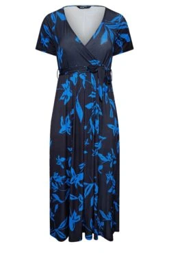 YOURS Curve Cobalt Blue Leaf Print Maxi Wrap Dress -Saga Dresses Shop d4136f36 ac6b 41 302159 X