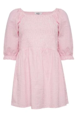 YOURS Curve Pink Gingham Print Square Neck Shirred Top -Saga Dresses Shop d5989d52 26e6 47 330072 X