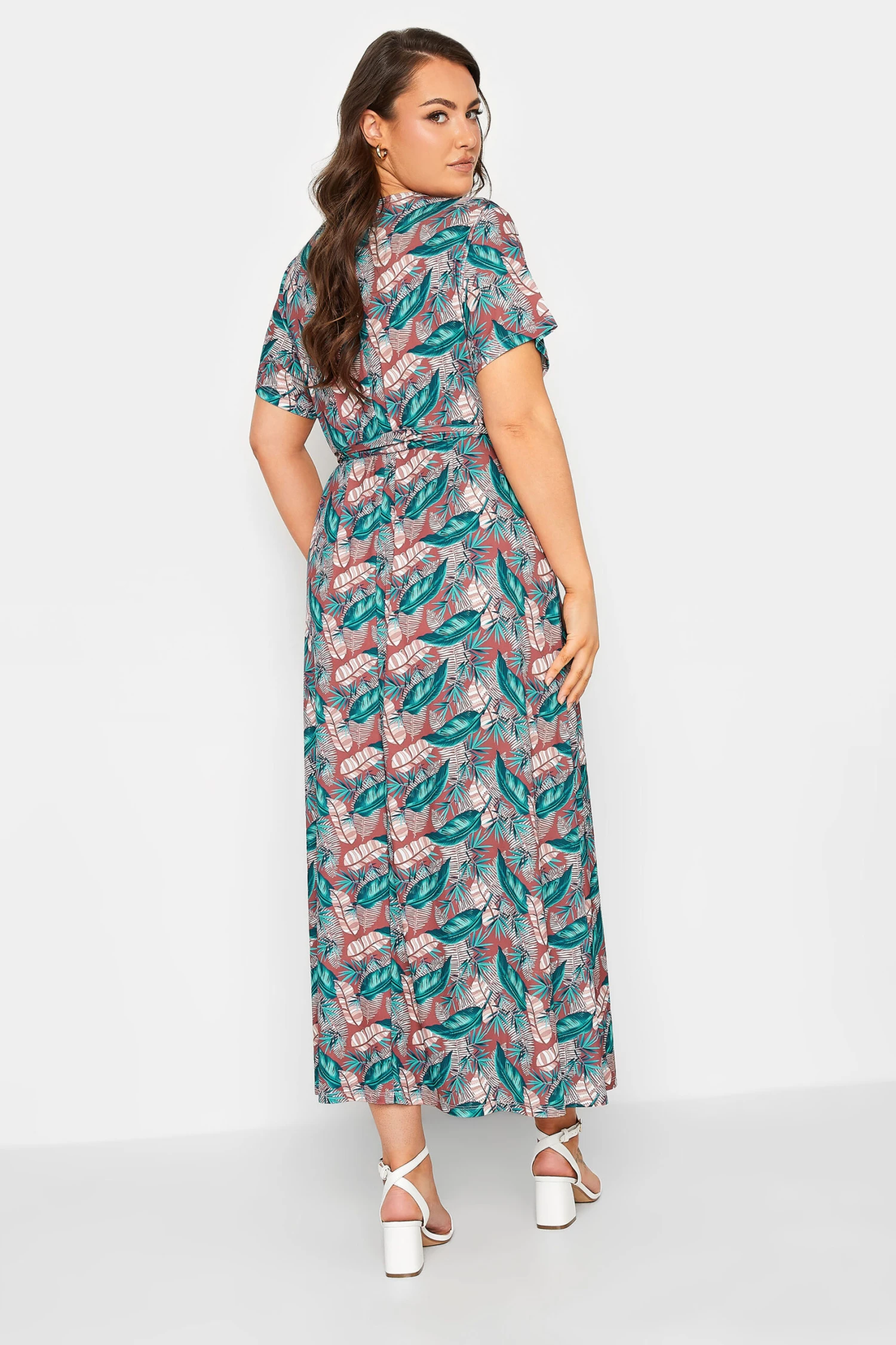 YOURS Curve Pink Leaf Print Maxi Wrap Dress 2 YOURS Curve Pink Leaf Print Maxi Wrap Dress - Image 2
