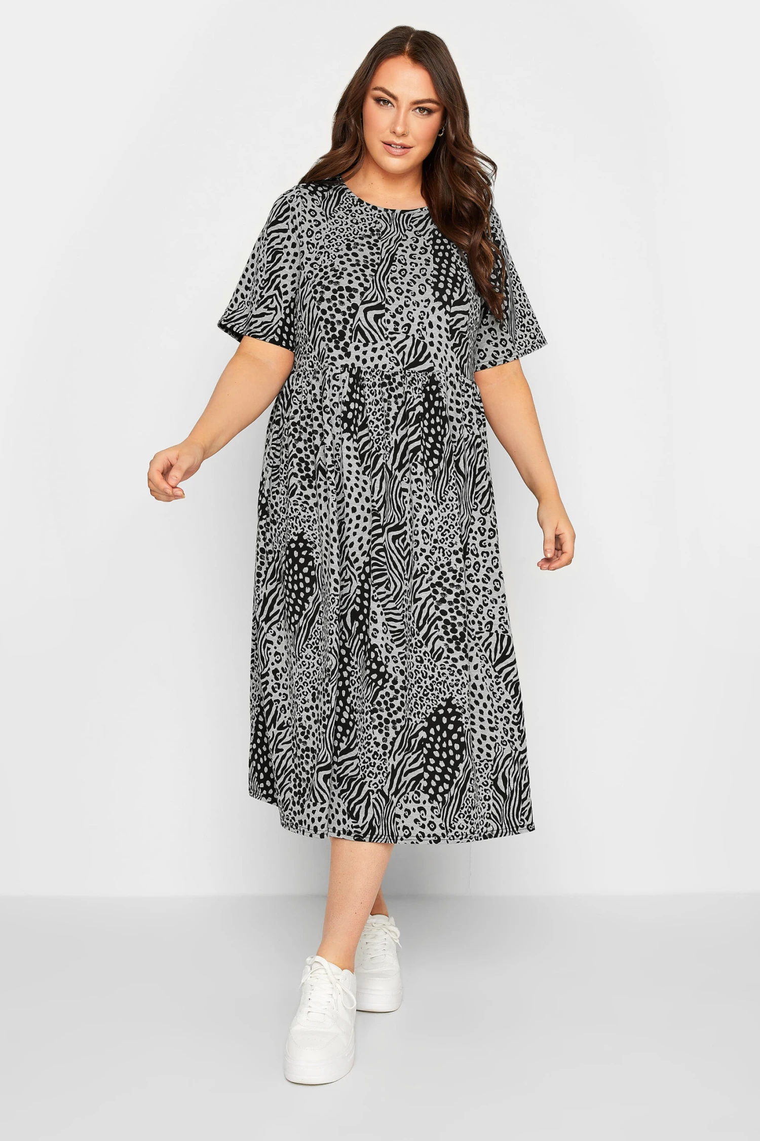 YOURS Curve Grey Mixed Animal Print Midi Smock Dress 1 YOURS Curve Grey Mixed Animal Print Midi Smock Dress