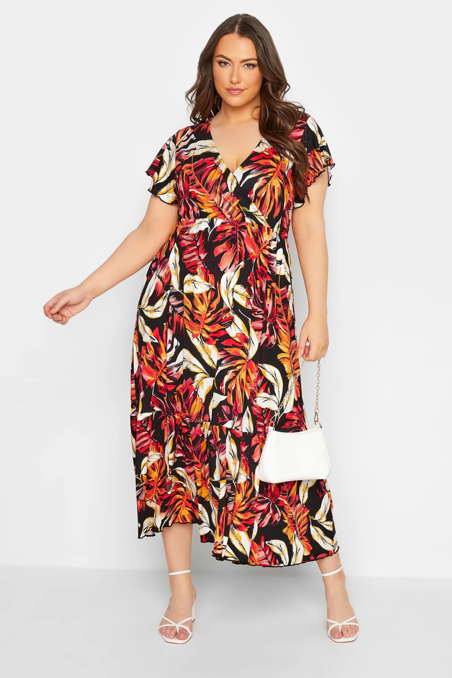 YOURS Curve Black & Orange Leaf Print Frill Sleeve Wrap Maxi Dress 1 YOURS Curve Black & Orange Leaf Print Frill Sleeve Wrap Maxi Dress