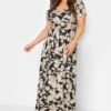 YOURS Curve Black & Beige Brown Floral Wrap Front Tie Maxi Dress