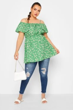LIMITED COLLECTION Curve Green Floral Frill Cold Shoulder Top