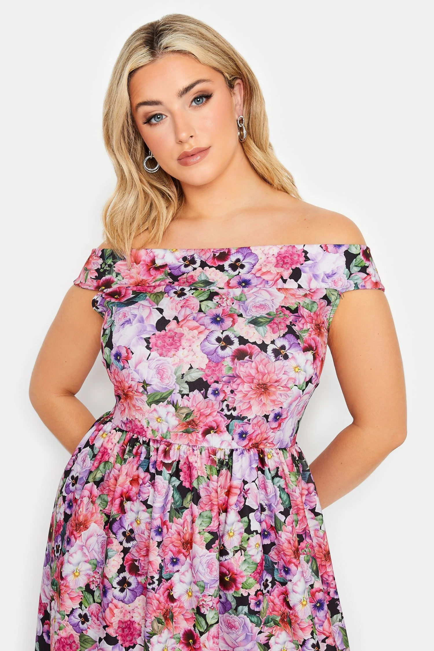 YOURS PETITE Curve Black Floral Border Bardot Dress 3 YOURS PETITE Curve Black Floral Border Bardot Dress - Image 3