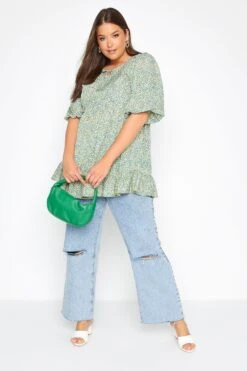 YOURS Curve Blue Ditsy Print Tie Neck Smock Top