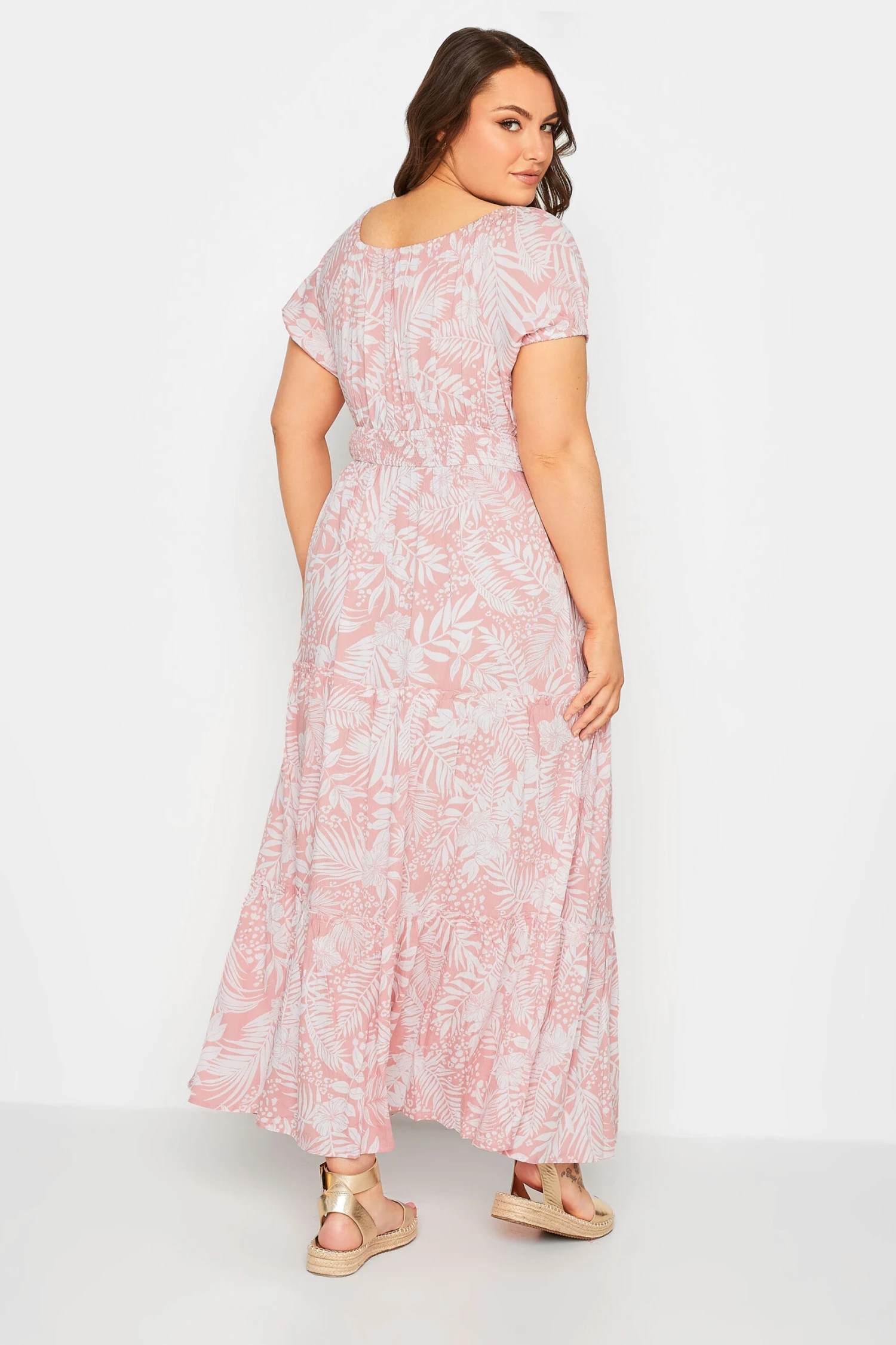 YOURS Curve Pink Tropical Print Bardot Maxi Dress 2 YOURS Curve Pink Tropical Print Bardot Maxi Dress - Image 2