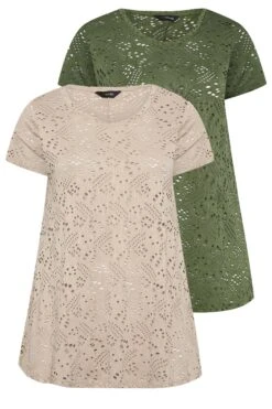 YOURS Curve 2 PACK Khaki Green Broderie Swing Tops -Saga Dresses Shop dbdf133b 01ab 4c 321028 XS