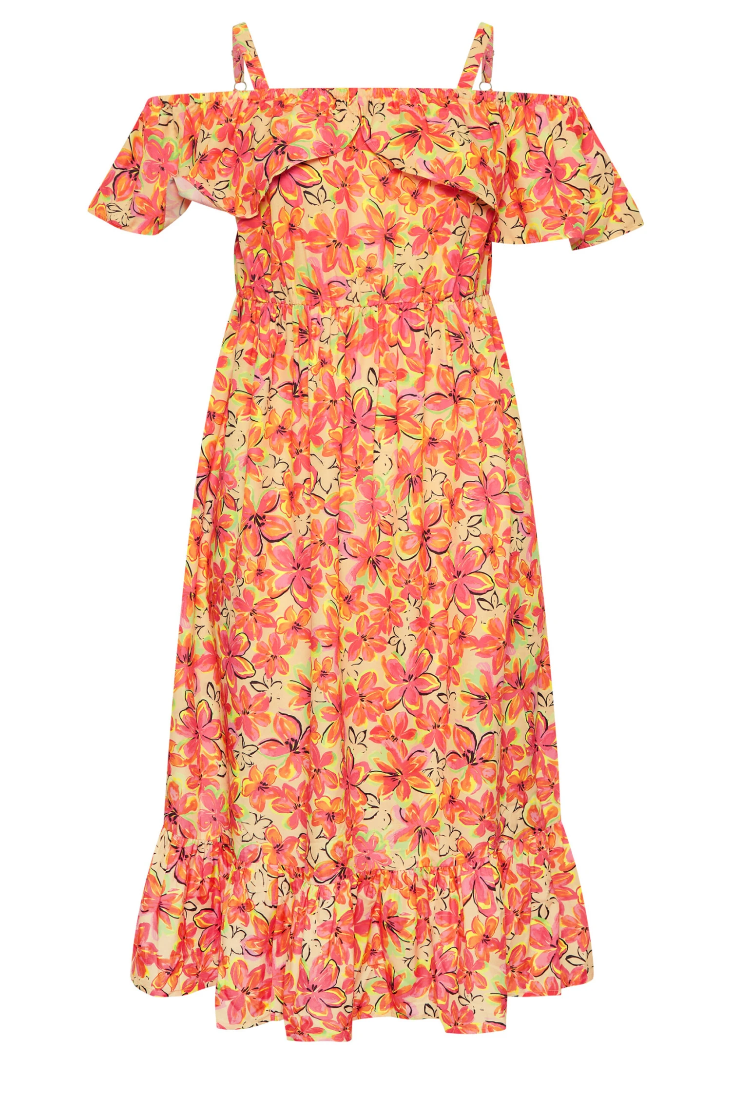 LIMITED COLLECTION Curve Orange Floral Frill Cold Shoulder Midi Dress 7 LIMITED COLLECTION Curve Orange Floral Frill Cold Shoulder Midi Dress - Image 7