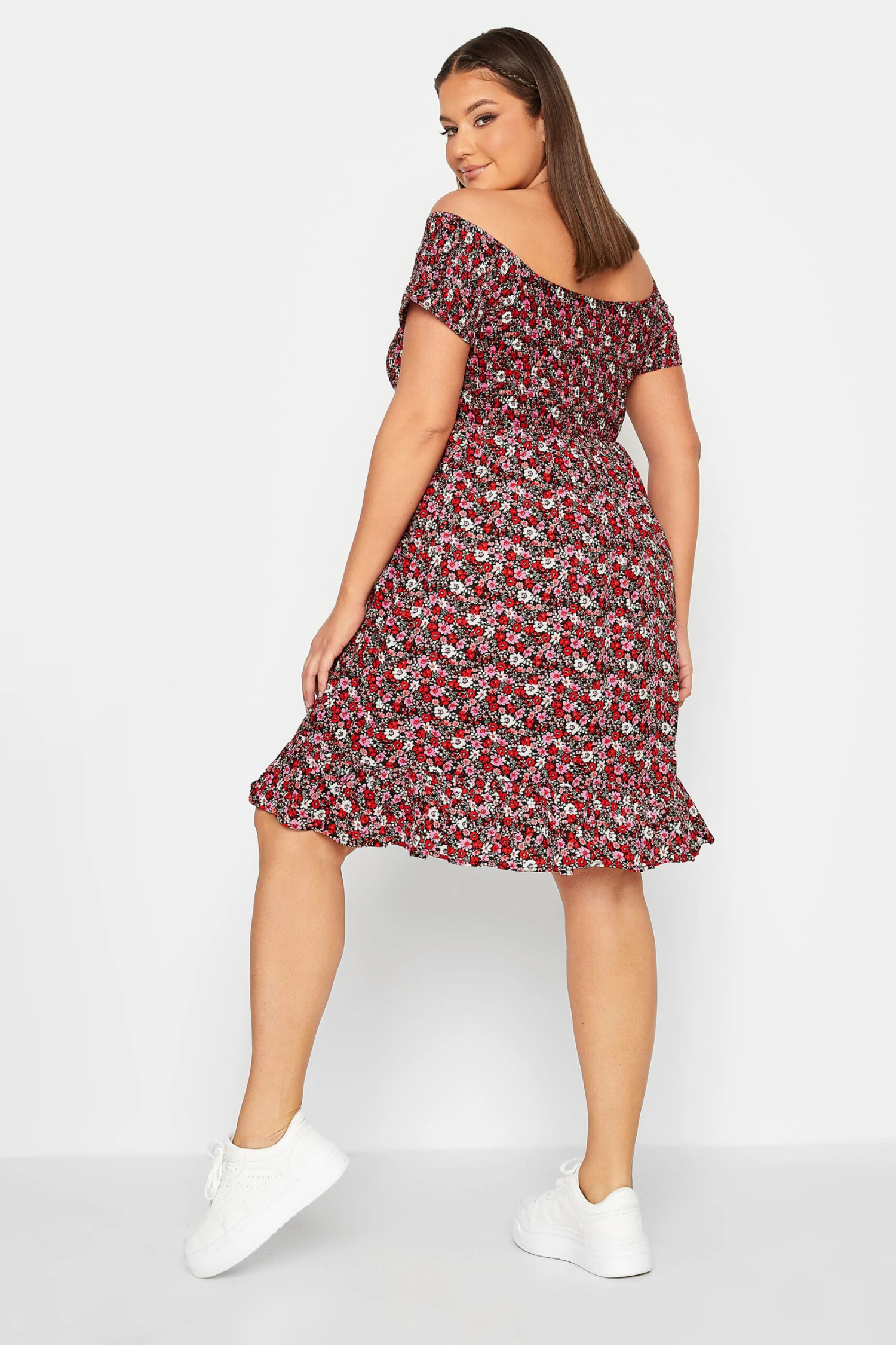 YOURS Curve Pink Floral Shirred Bardot Mini Dress 2 YOURS Curve Pink Floral Shirred Bardot Mini Dress - Image 2