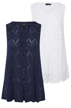 YOURS Curve 2 PACK Navy Blue Broderie Swing Vest Top -Saga Dresses Shop dcfd470c 2bee 46 320742 XS
