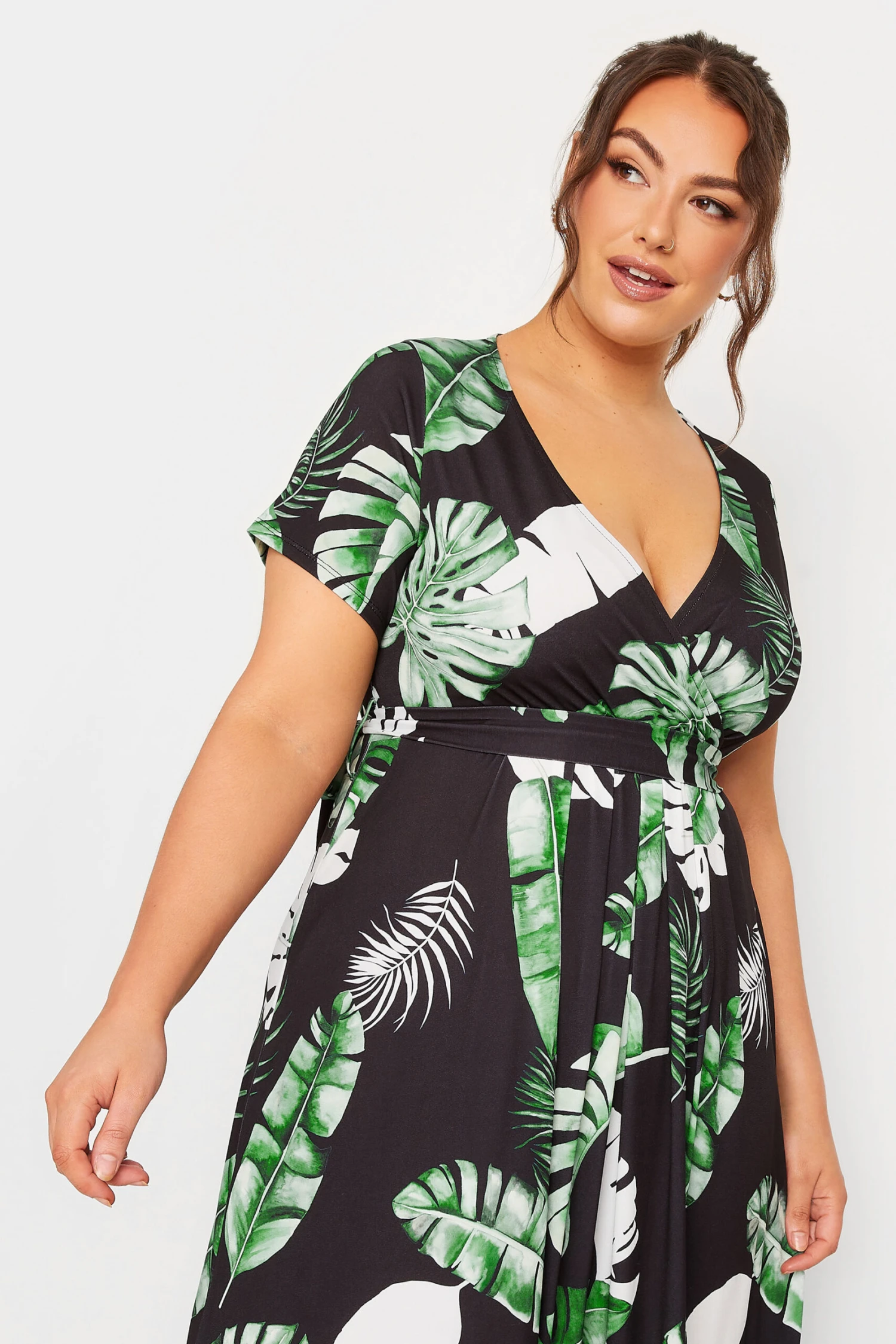 YOURS Curve Black Leaf Print Wrap Front Midaxi Dress 3 YOURS Curve Black Leaf Print Wrap Front Midaxi Dress - Image 3