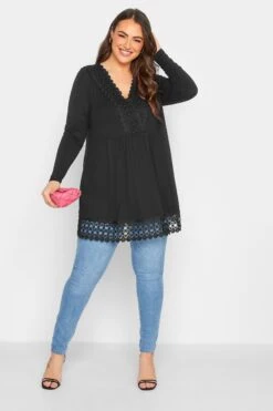 YOURS Curve Black Crochet Trim Long Sleeve Tunic Top