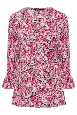 LIMITED COLLECTION Curve Pink Floral Print Wrap Top -Saga Dresses Shop dd7876e7 e8f8 48 214900 X