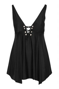 YOURS Curve Black Eyelet Lace Up Tummy Control Swim Dress -Saga Dresses Shop e0363051 5d7a 4e 150212 F