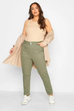 YOURS Curve Khaki Green Stretch Elasticated Waist MOM Jeans