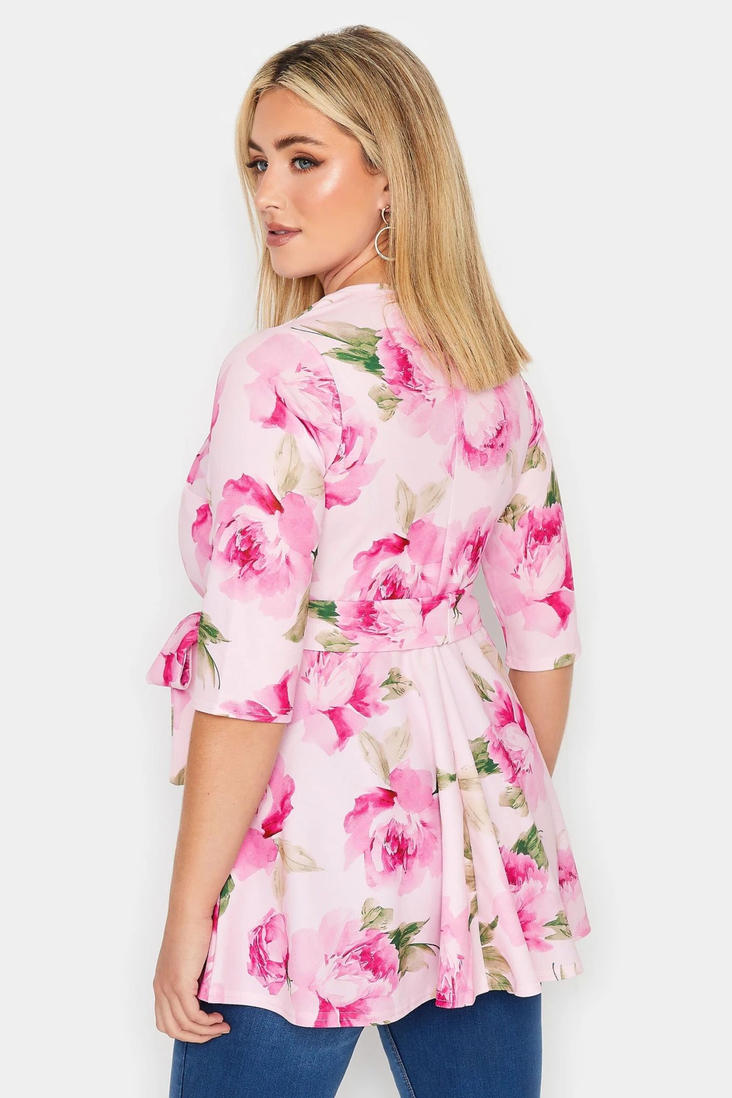 YOURS LONDON Curve Pink Floral Scoop Neck Peplum Top 2 YOURS LONDON Curve Pink Floral Scoop Neck Peplum Top - Image 2