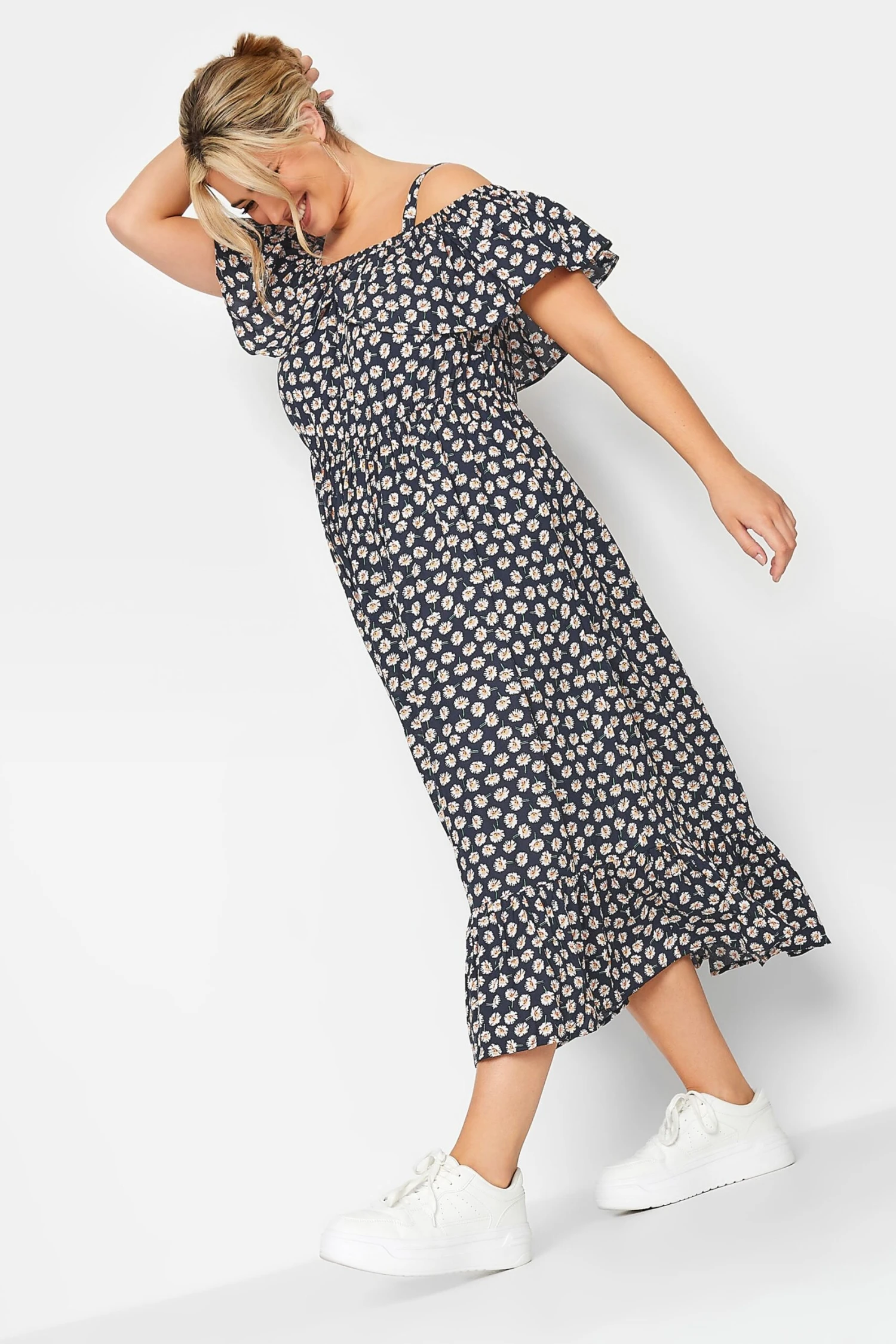 LIMITED COLLECTION Curve Navy Blue Daisy Print Cold Shoulder Dress 1 LIMITED COLLECTION Curve Navy Blue Daisy Print Cold Shoulder Dress