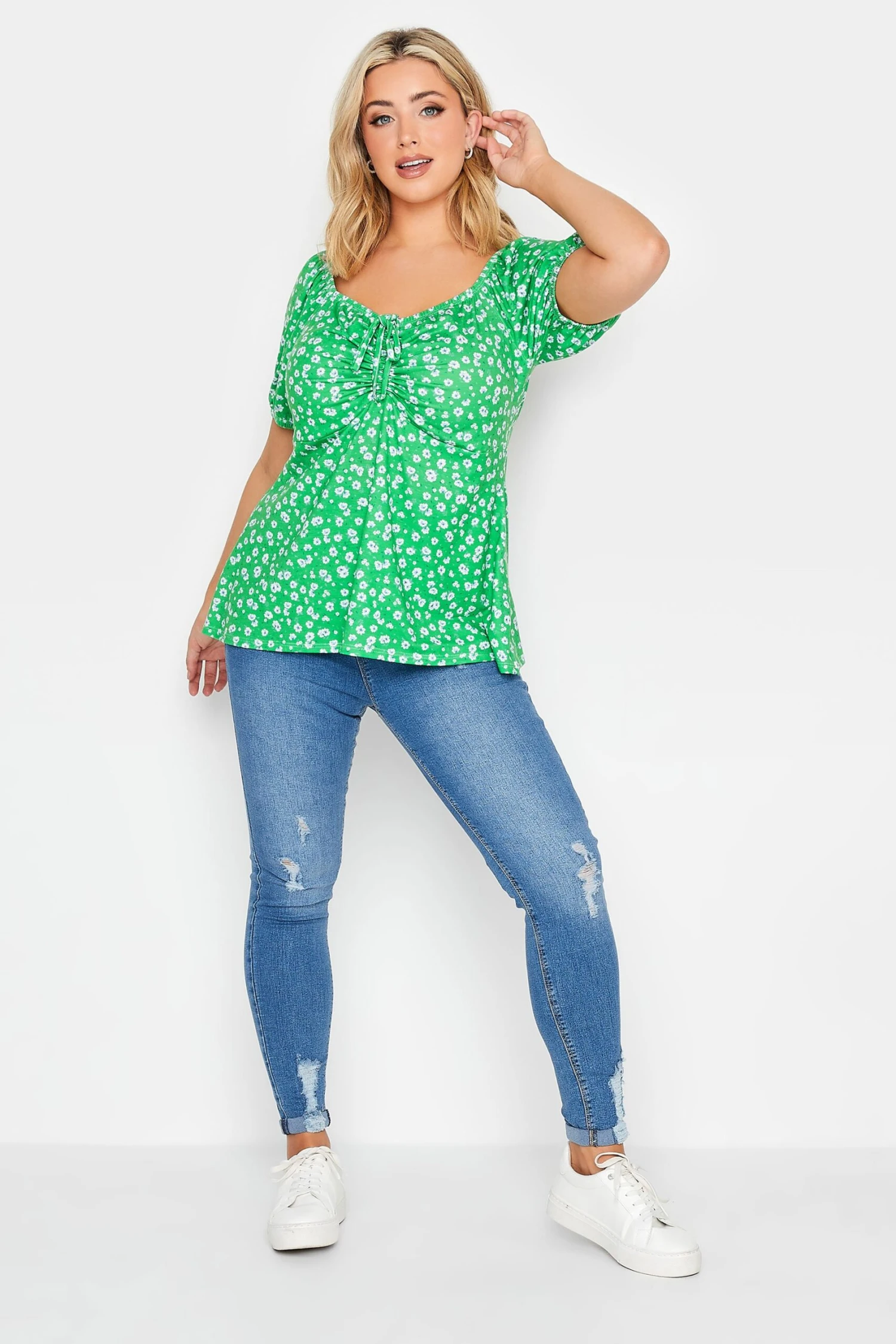 YOURS PETITE Curve Green Ditsy Print Ruched Front Top 1 YOURS PETITE Curve Green Ditsy Print Ruched Front Top