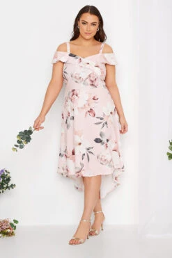 YOURS LONDON Curve Light Pink Floral Bardot High Low Midi Dress