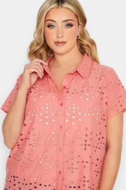 YOURS PETITE Curve Coral Pink Broderie Anglaise Short Sleeve Shirt -Saga Dresses Shop e4f96698 e15a 47 174511 D