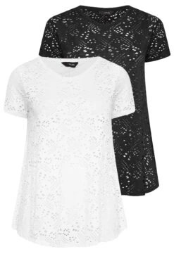 YOURS Curve 2 PACK White & Black Broderie Anglaise Swing V-Neck T-Shirt -Saga Dresses Shop e5ec9a91 688b 4a 320737 XS
