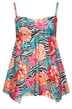 YOURS Curve Orange Mixed Tropical Print Hanky Hem Tankini Top -Saga Dresses Shop e76f2b50 d0a0 41 150311 X