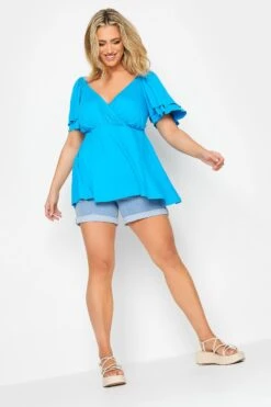 LIMITED COLLECTION Curve Blue Layered Sleeve Wrap Top