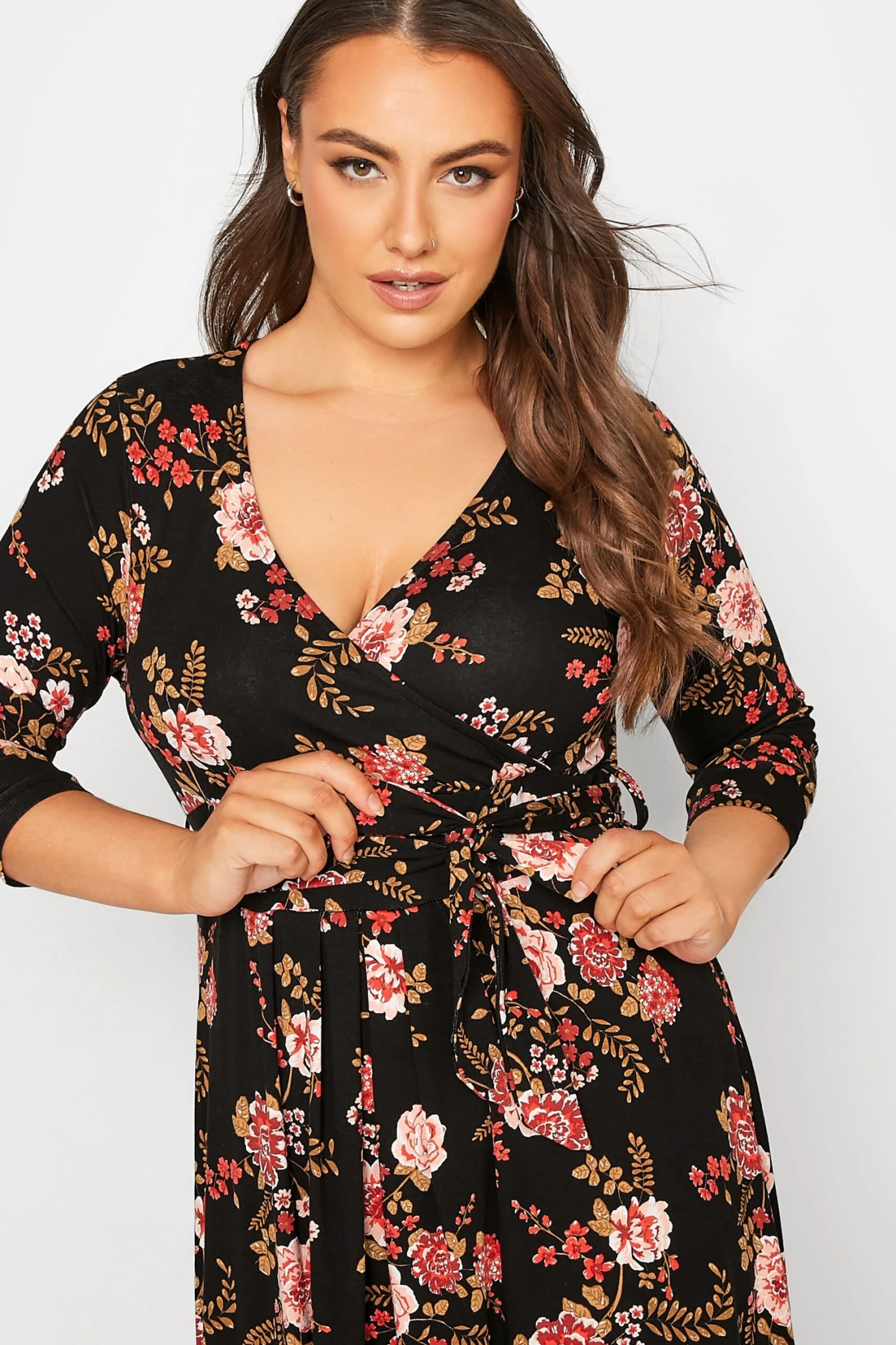YOURS Curve Black Floral Print Wrap Dress 3 YOURS Curve Black Floral Print Wrap Dress - Image 3