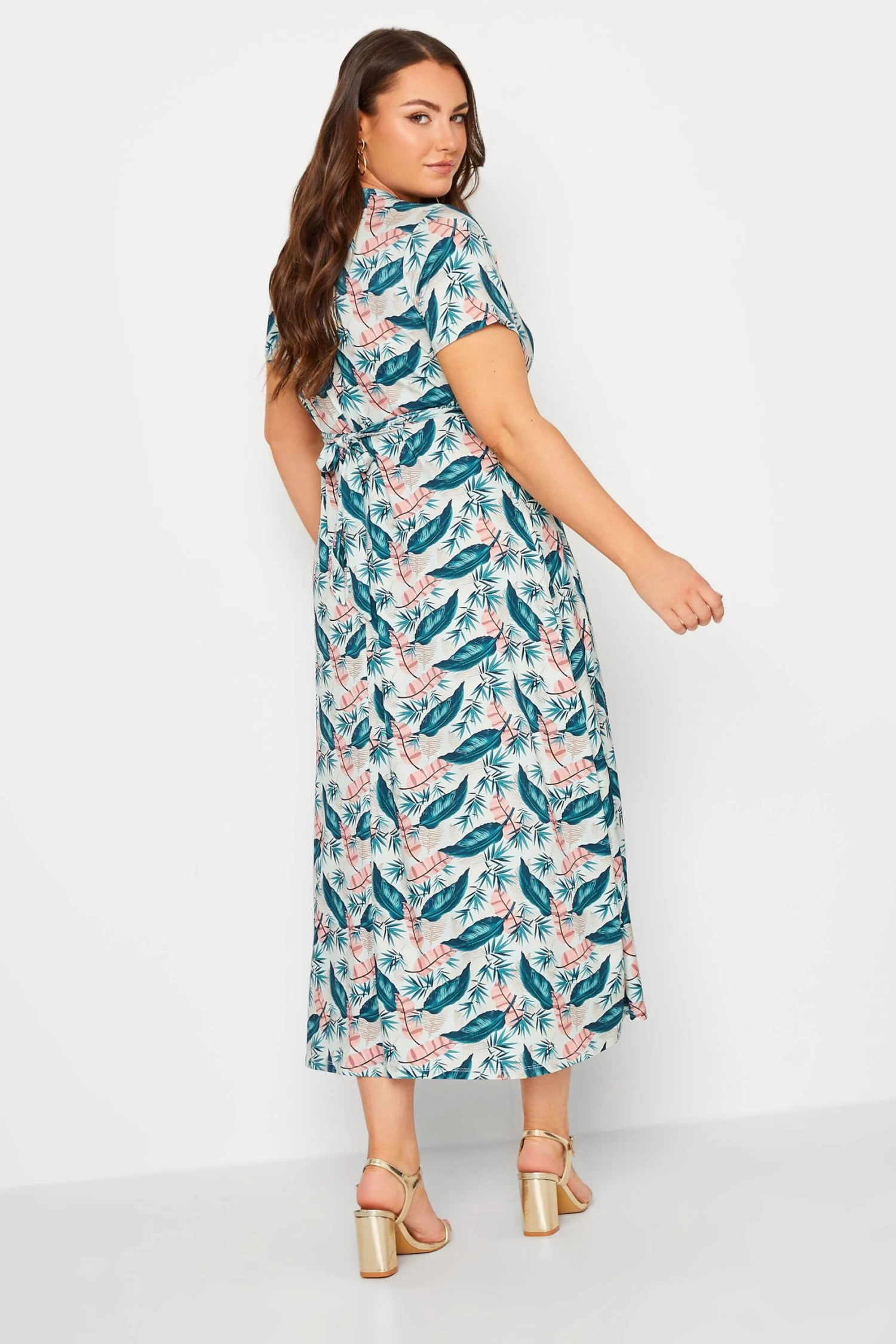 YOURS Curve Blue Leaf Print Maxi Wrap Dress 2 YOURS Curve Blue Leaf Print Maxi Wrap Dress - Image 2