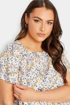 YOURS Curve White Floral Print Frill Blouse -Saga Dresses Shop ec12c5da 6711 42 174274 D